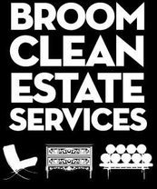 A poster of broom clean estate services in white with black background